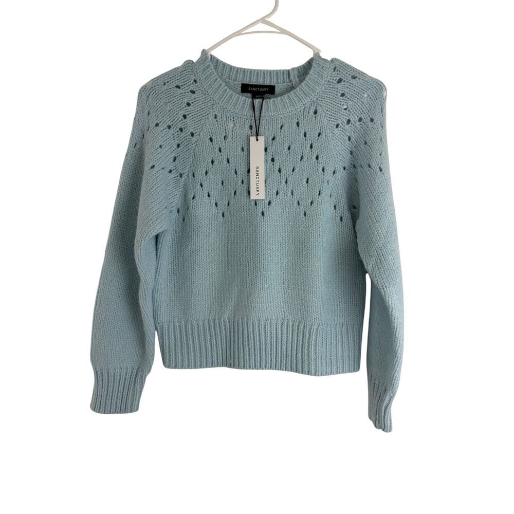 Sanctuary Light Blue Pointelle Knit Long Sleeve Sweater NWT XXS - Picture 2 of 7